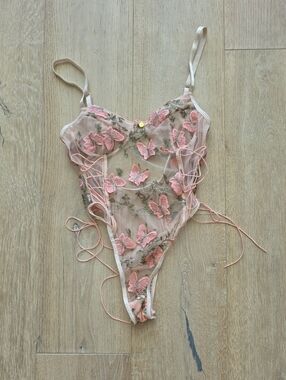Aurelia Pink Butterfly Embroidered Sheer Lace Bodysuit
